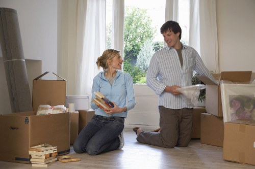 Packing boxes and furniture prepared for transport in Marylebone
