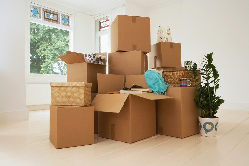 Packed office equipment ready for transport in Marylebone